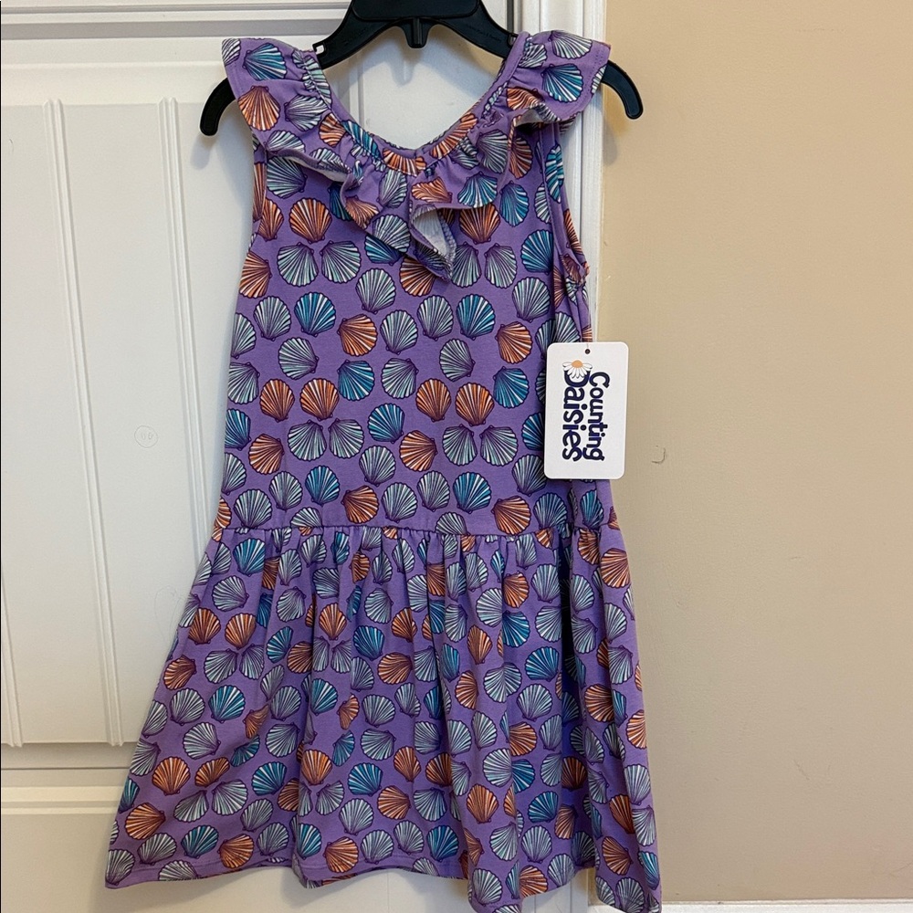Counting Daisies Kids Dress with Purple Seashell Pattern